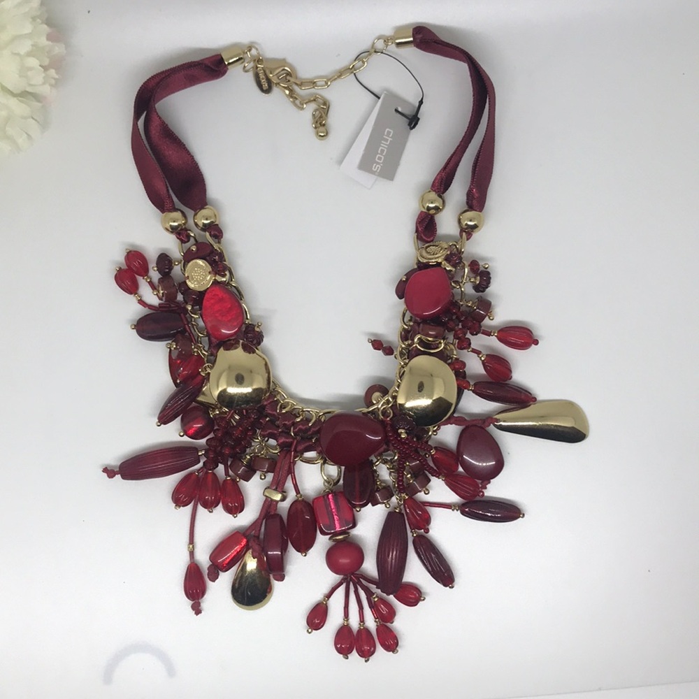 Chico’s Petra Red Gold chunky statement necklace